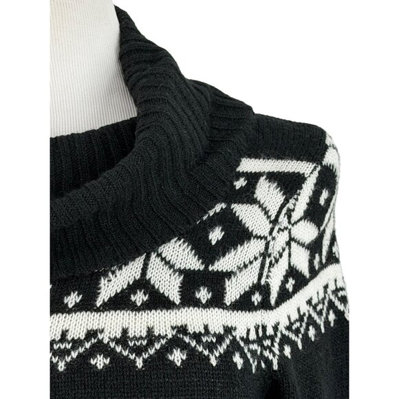 Black & White Fair Isle Cowl Neck Mini Sweater Dress | Nordic Cottagecore Cozy M - Picture 3 of 16